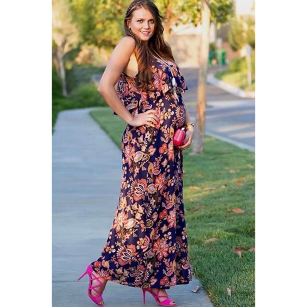 Motherhood Maternity Navy Blue Floral Maternity Dress Boho Feminine S